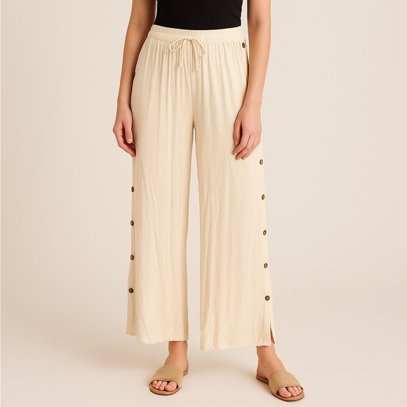 NWT Salty Lemon Gauzy Side Button Beach Pants - Oyster - Picture 1 of 10